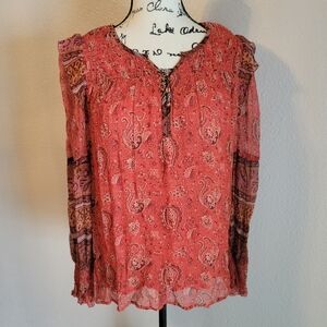 Sundance Women's Adele Top Rust Paisley Ruffle Boho Sheer Blouse Size XS